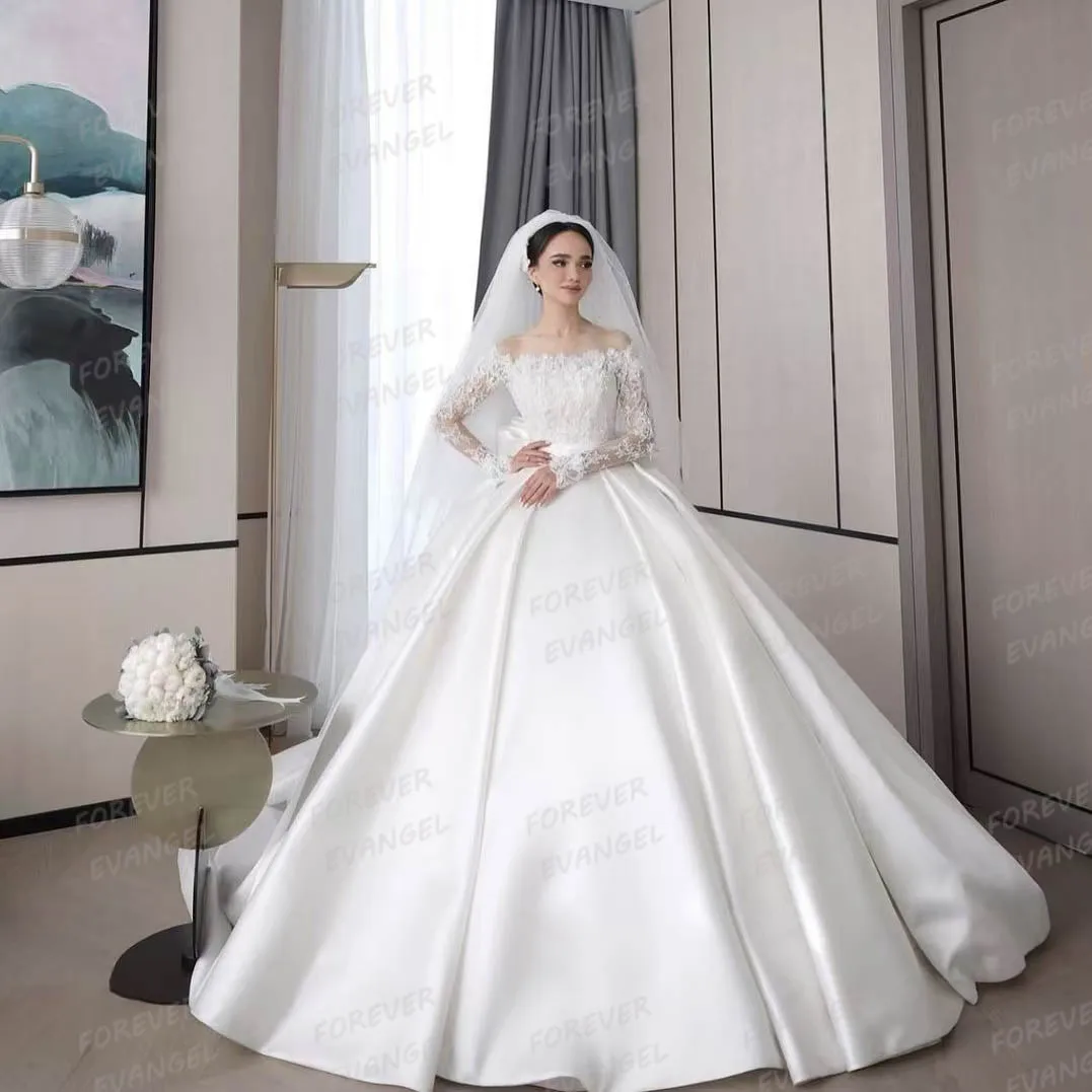 

Simple Wedding Dresses Woman's A Line Bride Gowns Sexy Lace Long Sleeve Satin Ball Gown Backless Customized Vestidos De Novia