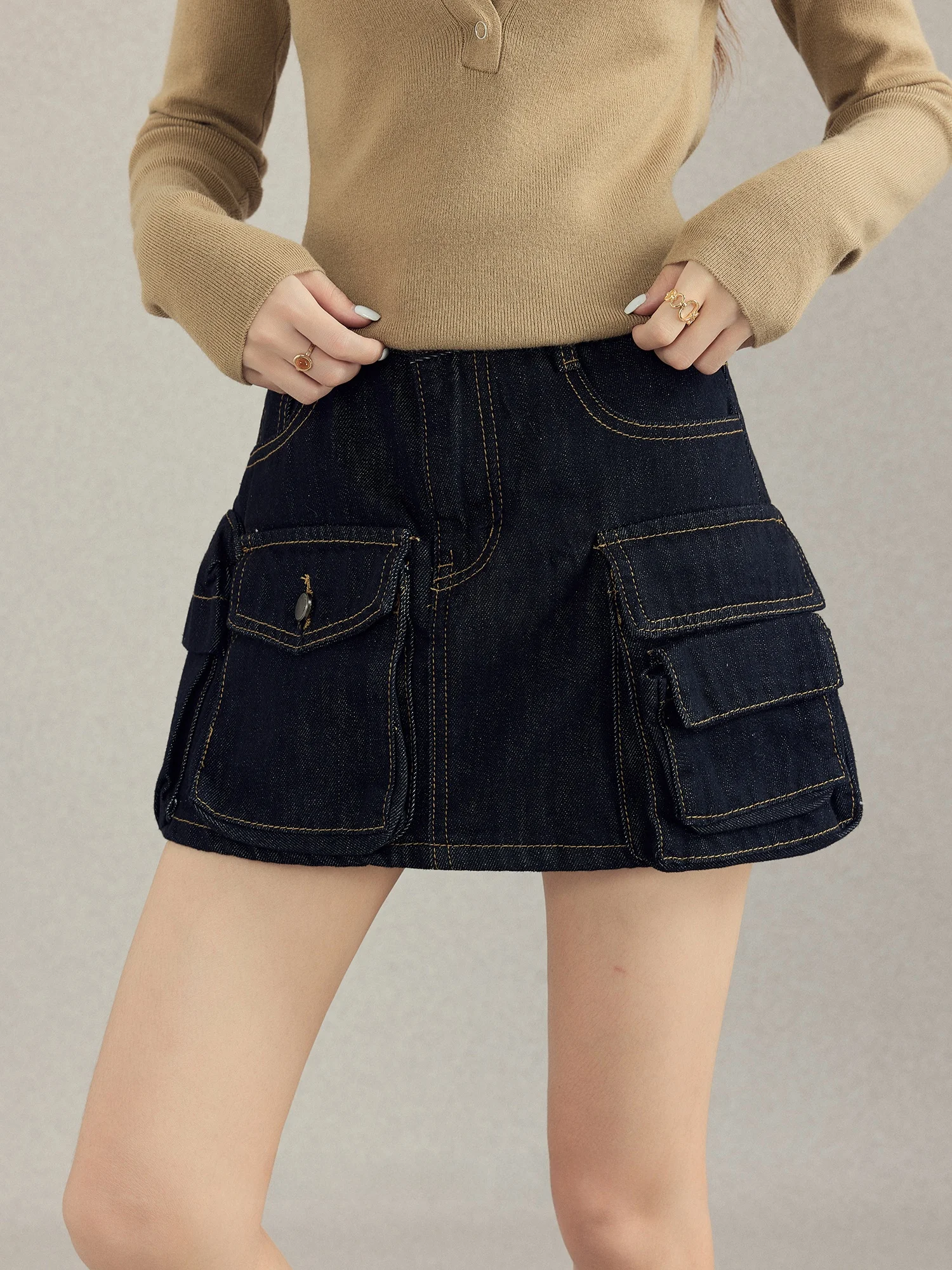 

High Waist Denim Skirt Women's Autumn Winter Blue American Sle Workwear Skirt ort Skirt Retro ket Design A-Line S...