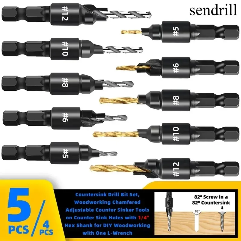 Set di punte da trapano per svasatore per la lavorazione del legno da 5 pezzi, con gambo esagonale da 1/4" per la lavorazione del legno fai-da-te con una chiave a L # 5 # 6 # 8 # 10 # 12