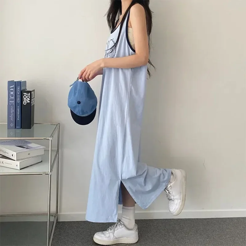 2024 Summer Women Sleeveless Dresses Side Slit Long Dresses Korean Style Female Loose Vest Dress Fashion Printed Streetwear