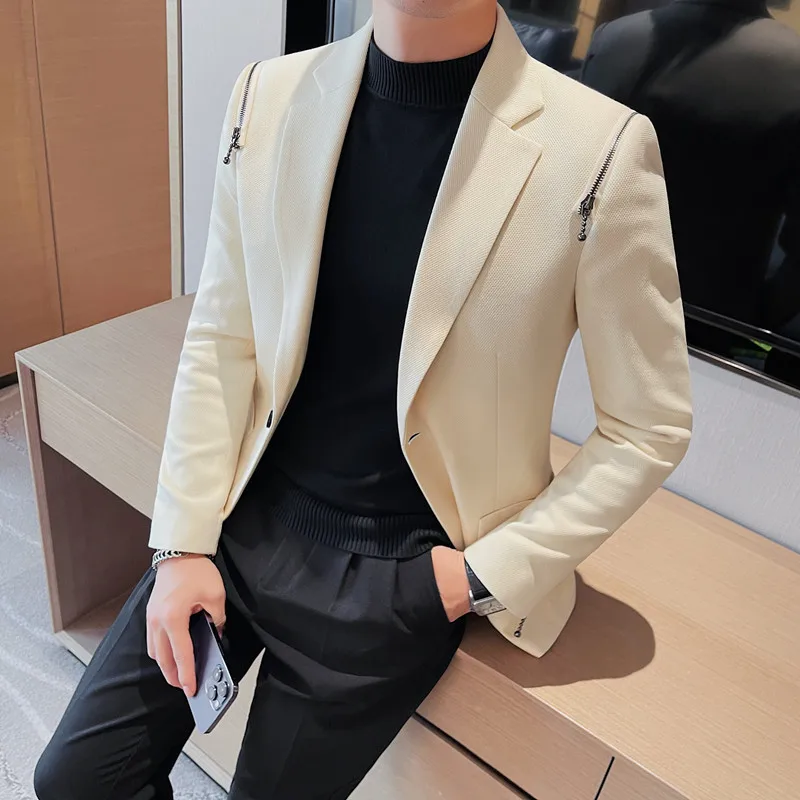 

2023 High Quality Stylish Handsome Suit Jacket Men's Solid Color Suit Trend Personality Zipper Embellished Suit One Grain Single