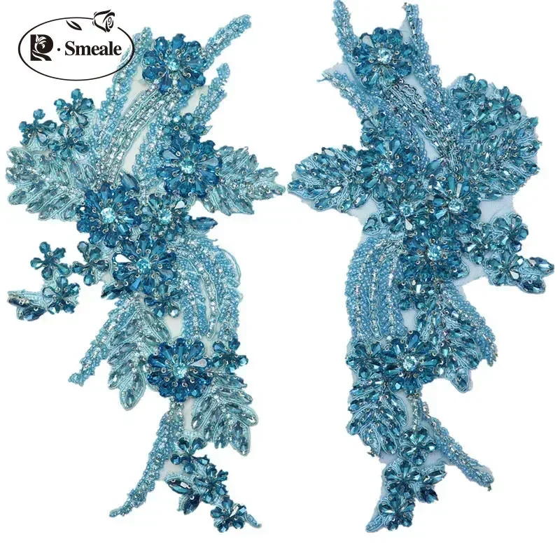 1Pair Multi-color Hand-sewn Glass Drill Mirror Flowers Sparkling Rhinestone Coats Waistbands Shoulders Wedding Dress DIY Patch