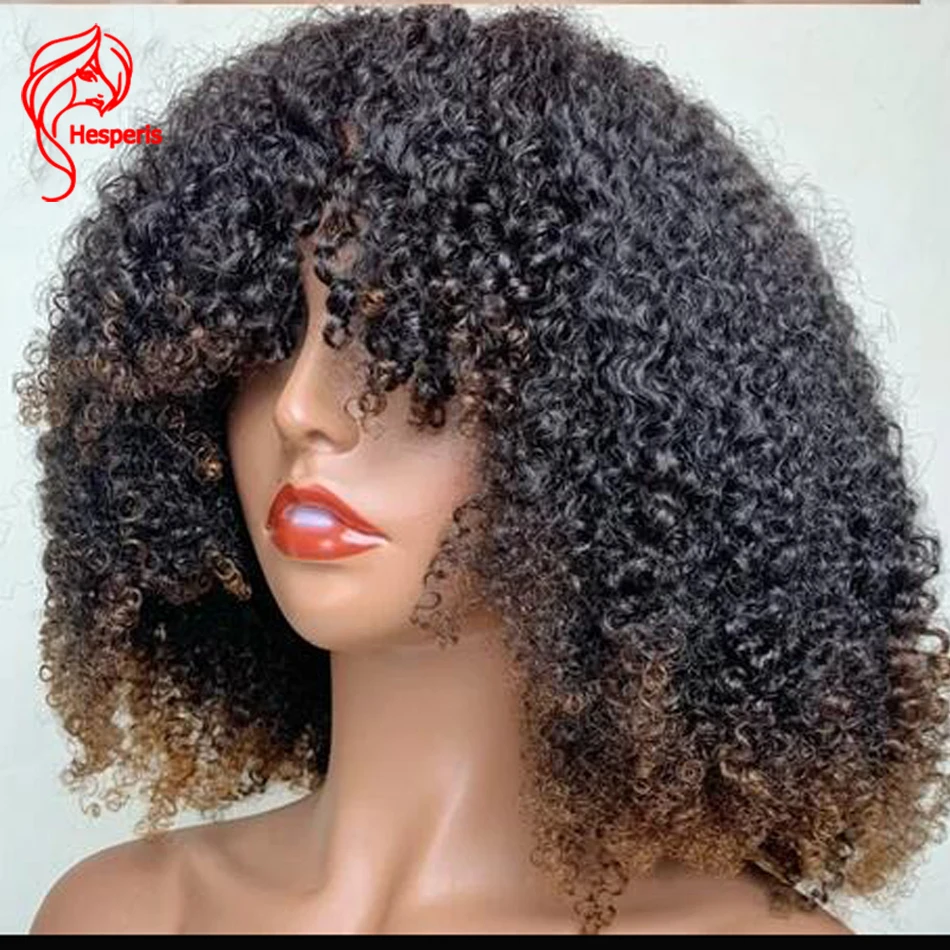 

Hesperis Small Curly Ombre Human Hair Wig With Bangs 200 Density Full Machine Made Wig WIth Fringe Blonde Brazilian Remy Hair