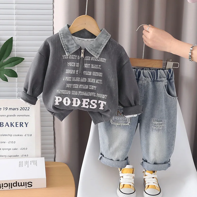 2026-korean-style-kids-2pcs-clothing-sets-boys-denim-collar-half-zip-sweatshirt-jeans-toddler-casual-outfits-children-clothes