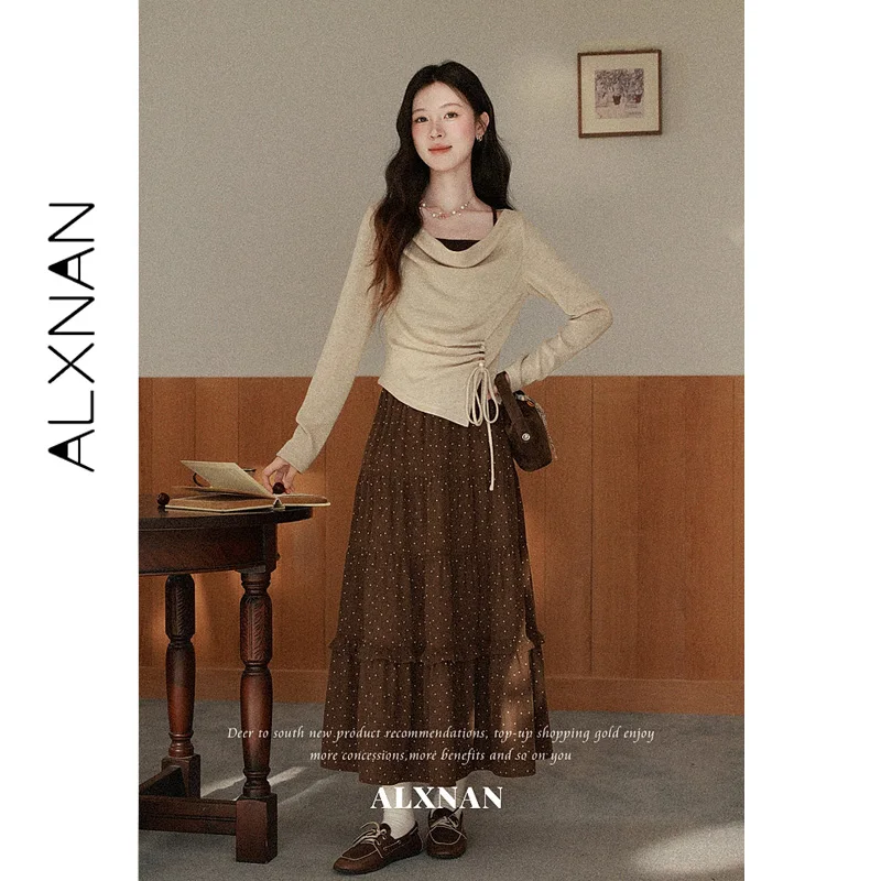 ALXNAN White Polka Dots Women's Coffee Brown Skirt High Waist Multi Layer Ruffled Skirts Holiday Beach Female Clothing L67608