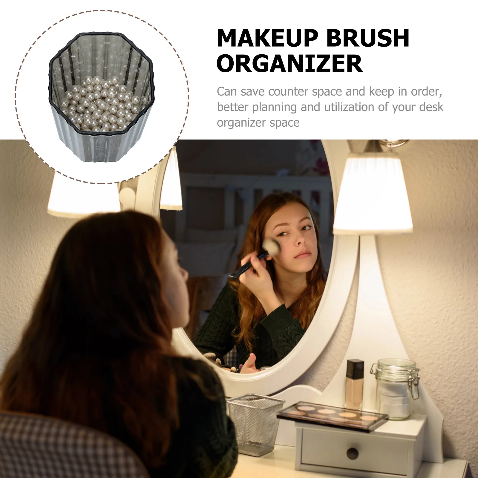 ゴールドリムガラスブラシホルダー、無料のパール付き、メイクブラシ、口紅、アイライナーペンシルカップデスク用の大容量