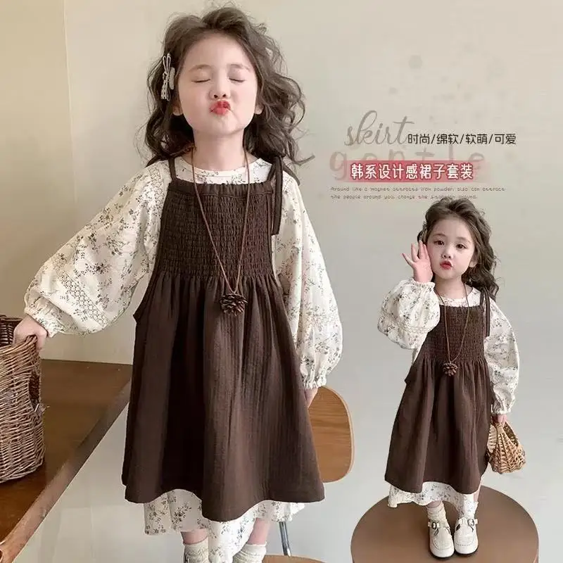 Girls' Dress Set Spring and Autumn 2025 New Style Children's Cute Sweet Floral Long Sleeve Princess Dress Two Piece Set 90-140CM
