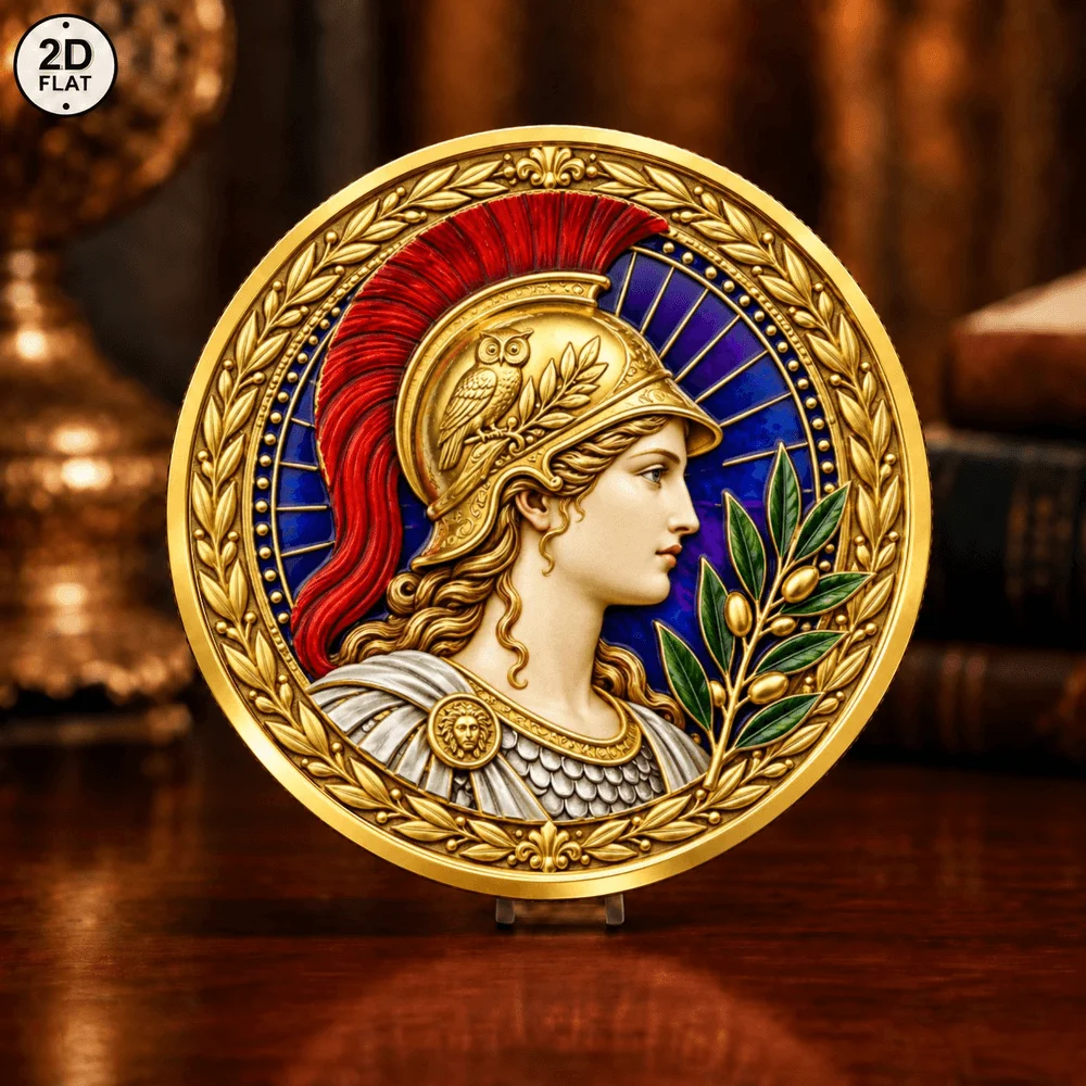 1pc Greek Mythology Athena Metal Challenge Coin Color Print Goddess Athena & Wise Owl Collectible Token Souvenir Holiday Gifts