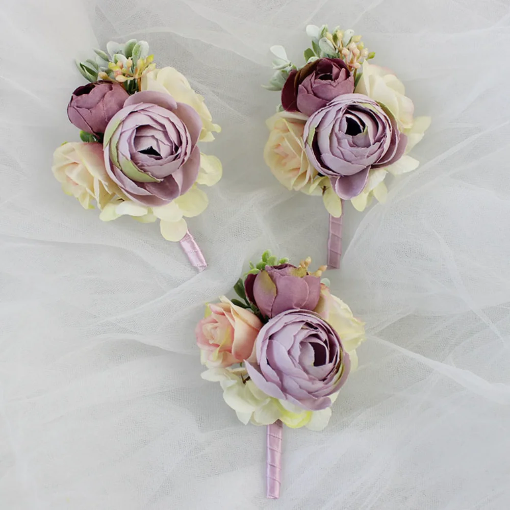 Women's Lilac Fake Flowers Wedding Boutonnieres for Bridal Silk Rose Pins Groomsmen damas de honor for Wedding Party Decor