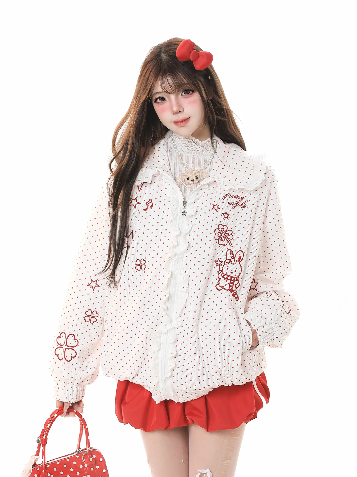 

Casual Style Embroidered Lace Patchwork Loose Fit Spring Outerwear Women's Collared Jacket Polka Dot Design Versatile Stylish