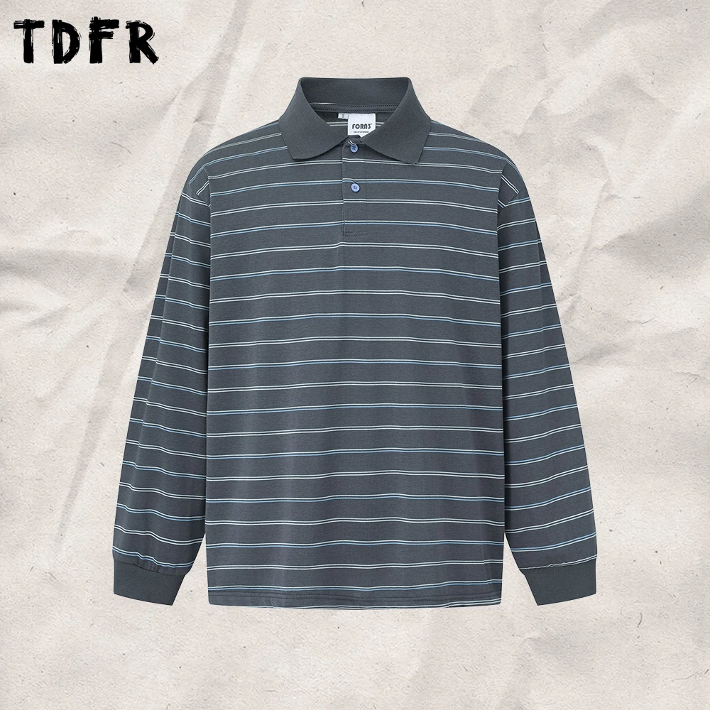 Horizontal Striped Polo Shirts Mens Autumn Retro Casual Loose Long Sleeve Cotton Tee Man