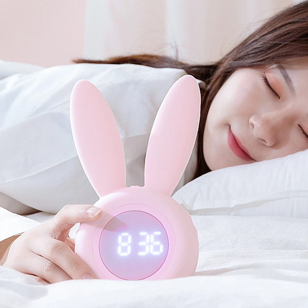 

Night Light Alarm Clock Pink Bunny Ear Led Desktop Rabbit Usb Rechargeable Magnetic Hanging Decor For Home Bedroom With