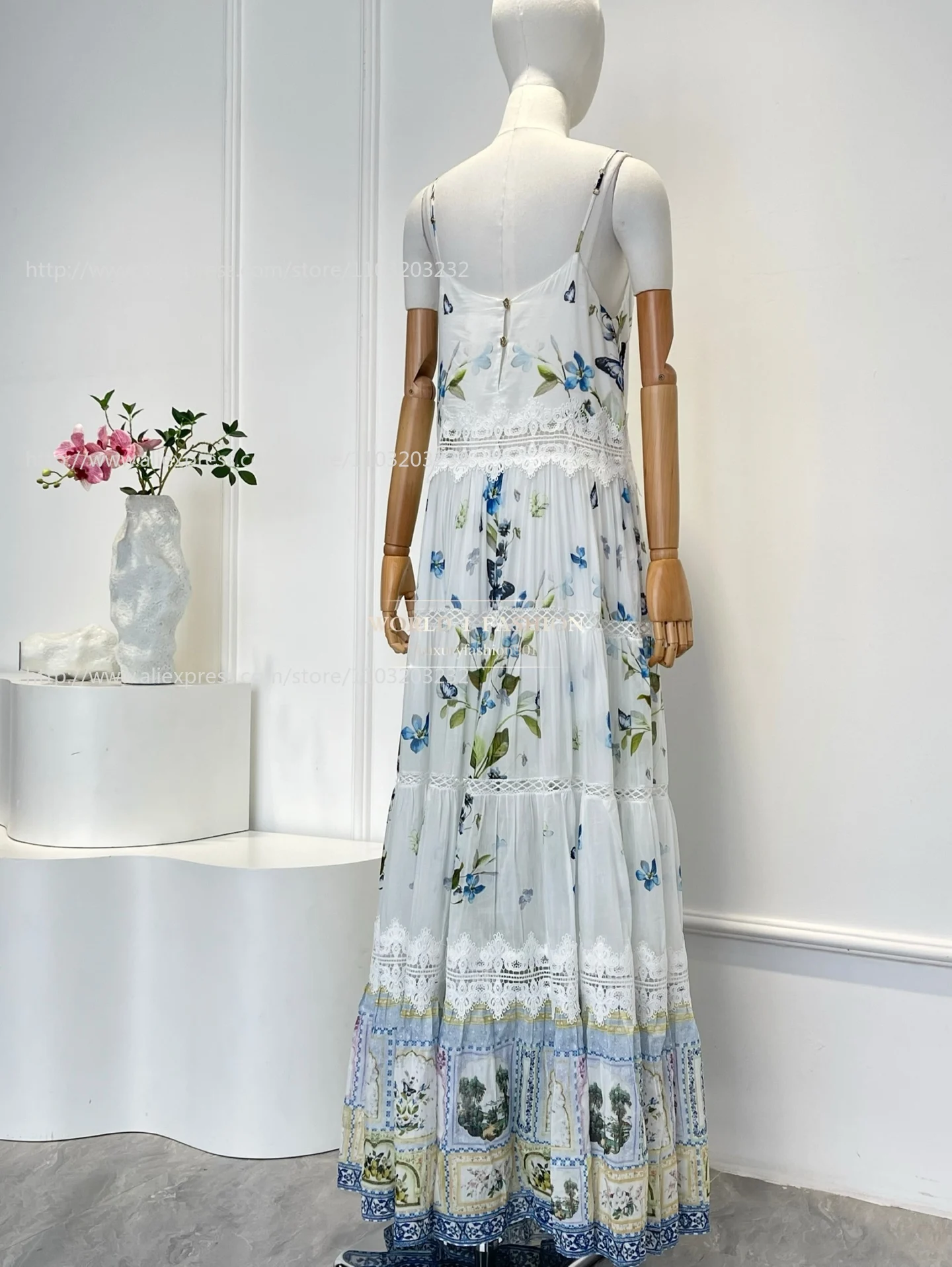 

White Blue Floral Print Sleeveless Lace Backless Midi Dress