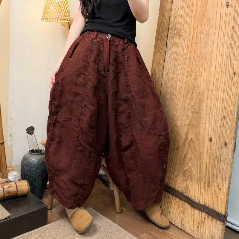 

New Spring Summer Women Elastic Waist Loose Casual Length Pants Spliced Design Cotton Linen Vintage Harem Pants High Quality Th4