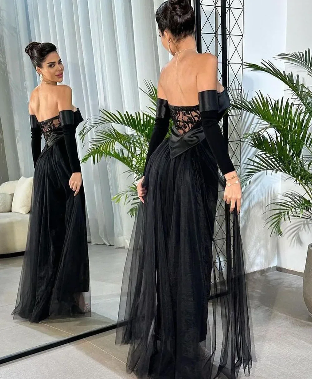 Elegant black pleated strapless lace evening dress 2024 new mermaid evening dress fashion bride party dress