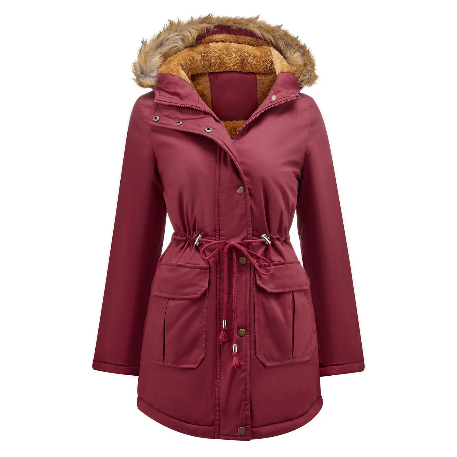 Women\'s Winter Jacket Warm Solid Plush Thickened Long Winter Coat Outdoor Hiking Fur Hooded Windproof Down Parka Coats Overcoat