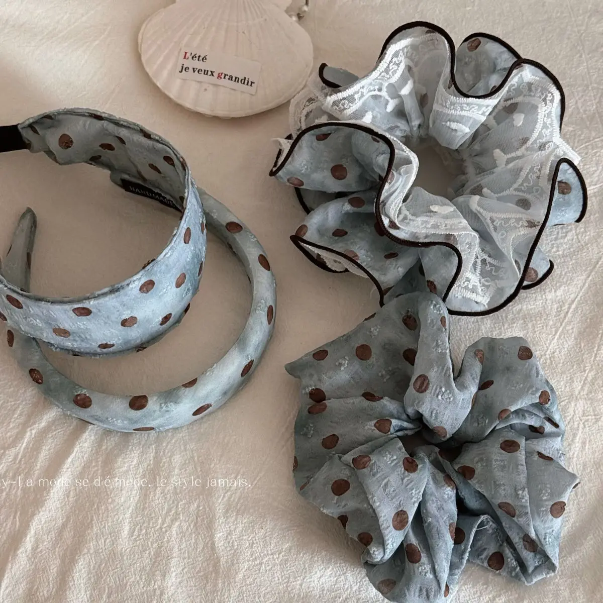 Korean Style Brown Polka Dot Chiffon Yarn Large Intestine Headband Women's High-end Large Hair Rope Hair Accessory Fashion Sweet