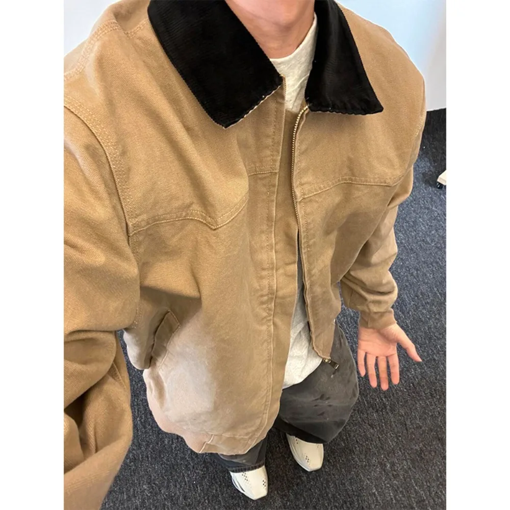 

Новое поступление весны и осени 2024, американская винтажная модная брендовая мужская потертая джинсовая куртка с лацканами, рабочая одежда Detroit, пальто