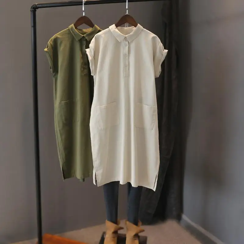 Women`s Cotton Linen Shirts Blouse Y2k Retro Long Shirts Casual Loose Pullovers French Style Oversized Short Sleeve Skirts Tops