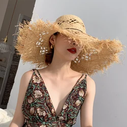 Chapeaux de soleil d'été en raphia pour femmes, chapeau de paille de vacances, panama pour dames, UV, voyage, beige, disquette, accessoires de plage, 2024