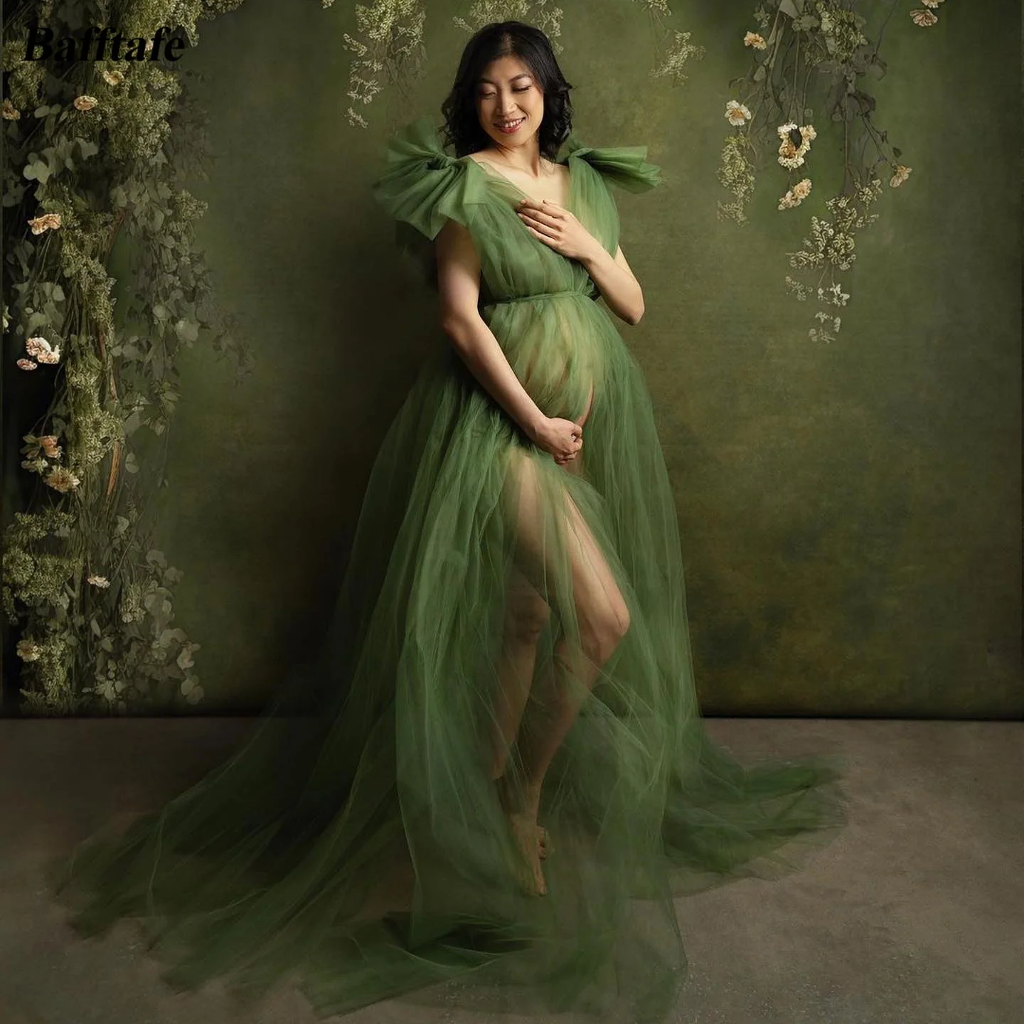 Bafftafe Fairy Green Soft Tulle Korea Pregnant Woman Dresses See Through Maternity Evening Gowns Wedding Photoshoot Party Dress