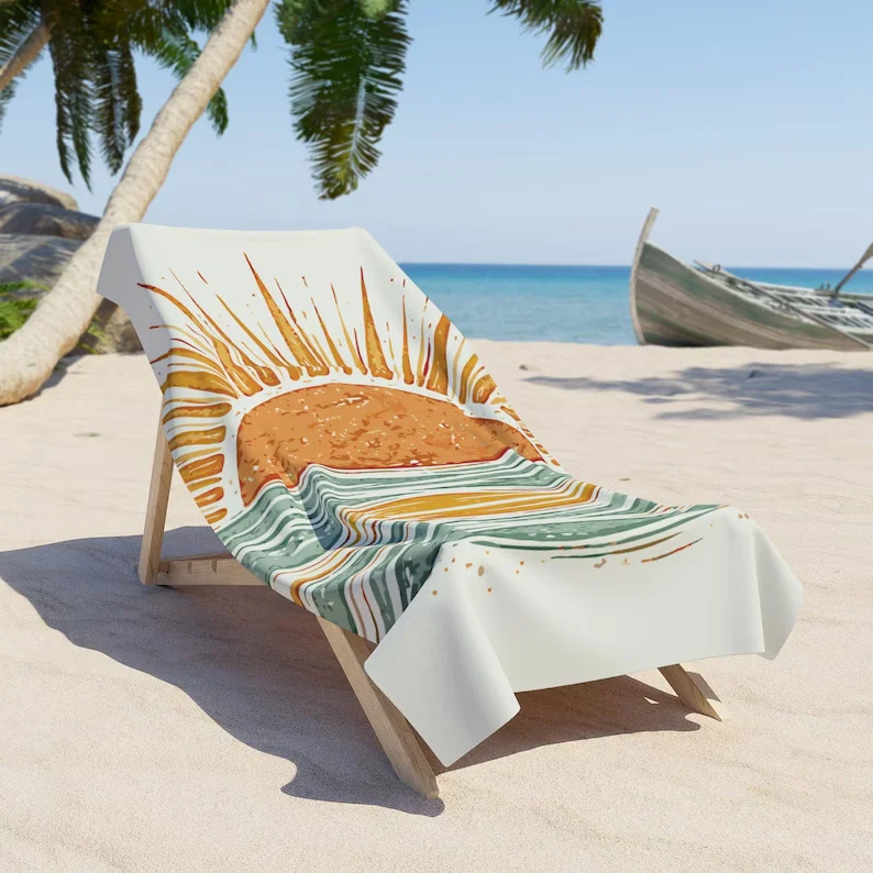 Minimalist Boho Sun Beach Towel Featuring A Radiant Sun Rising Over Gently Layered Waves Rendered in A Warm Earthy Palette