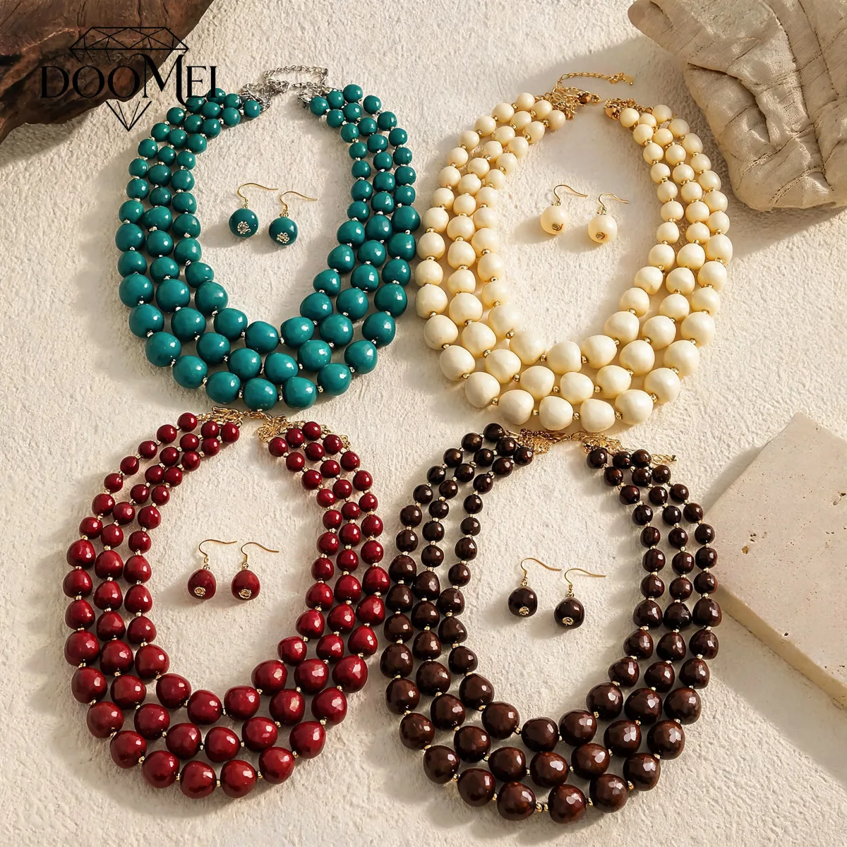 DOO MEI 2 Pcs Multi-layer Acrylic Ball Jewelry Set Simple Beaded Necklace Fashion Drop Earrings Women Wear At Gatherings