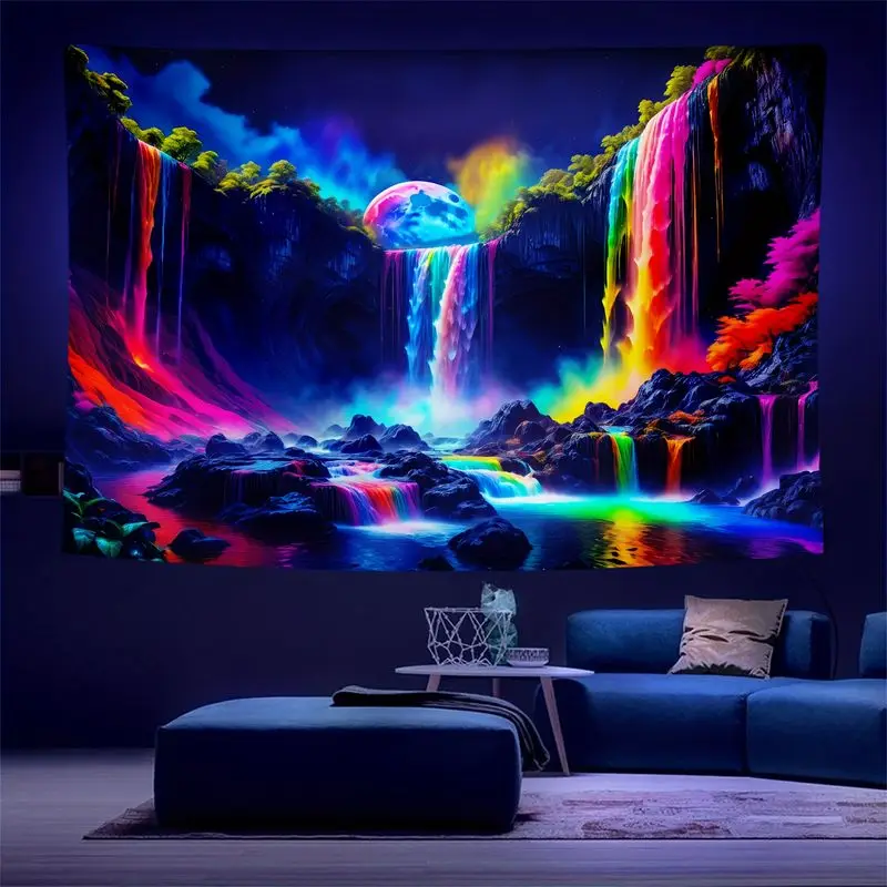 VIKAMA Rainbow Waterfall Alien Giant Moon Illusory Landscape Tapestry Background Esports Hippie Trendy Cool Room Decoration