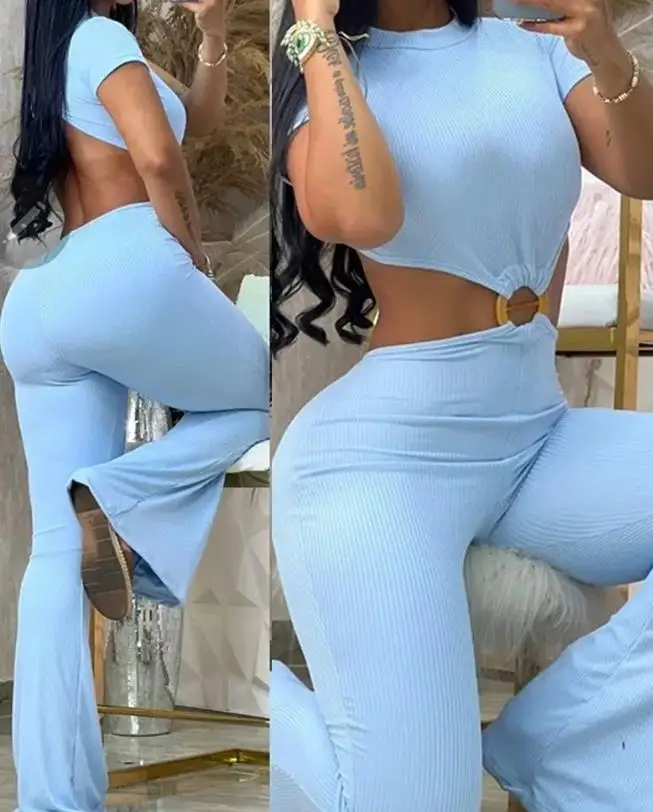 Ladies Jumpsuit Summer Outfit 2023 Sexy O-Ring Decor Cutout Short Sleeve Jumpsuit Sexy Backless Cutout High Waist Jumpsuit