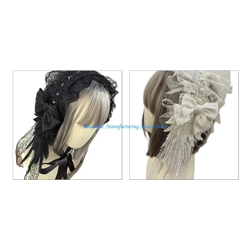 

E56A Gothic Lace Bowknot Hair Accessory With Crosses Wing for Women Wear Outfits