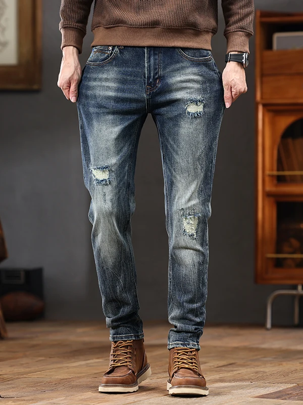 

Faionable Ripped Slim Fit Men's Jeans Spring Summer High Waist Long Cotton Stretch Denim Versatile Straight Leg Trendy Luxu...