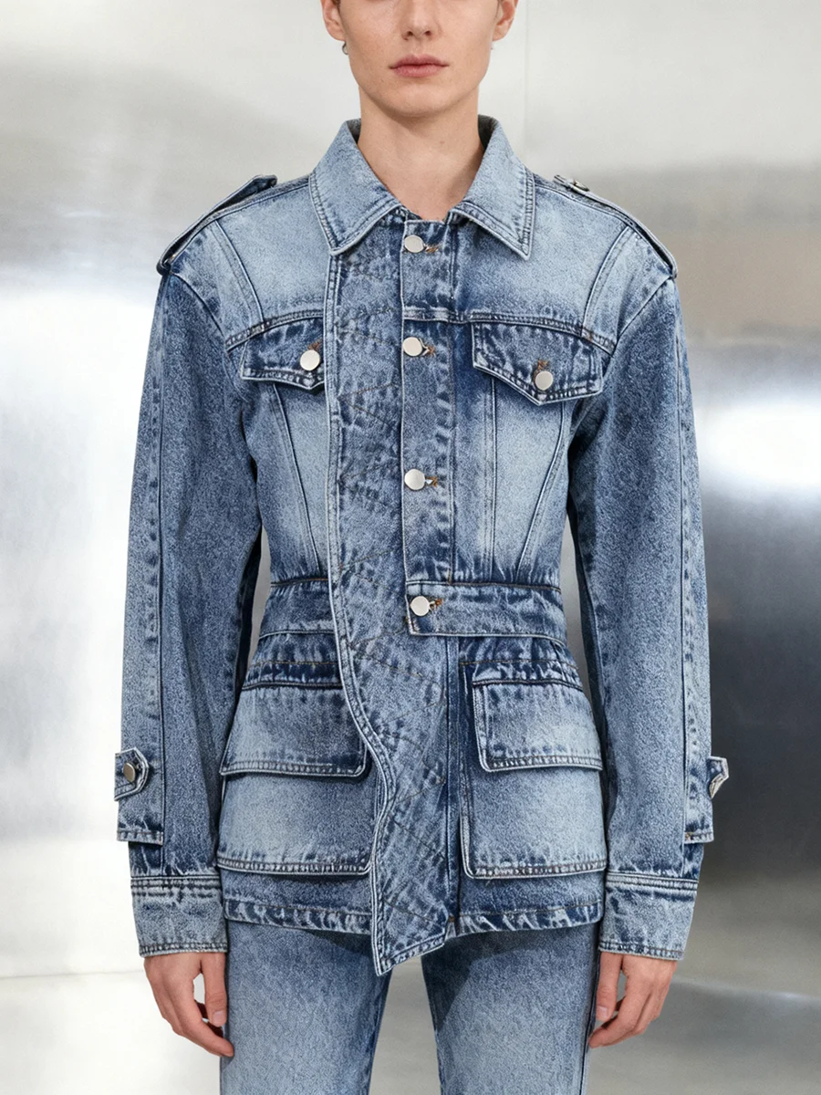 TWOTWINSTYLE Fashion Spliced Metal Buttons Design Sense Jackets for Women Lapel Long Sleeves Tunic Cowboy Jacket Female Clothing