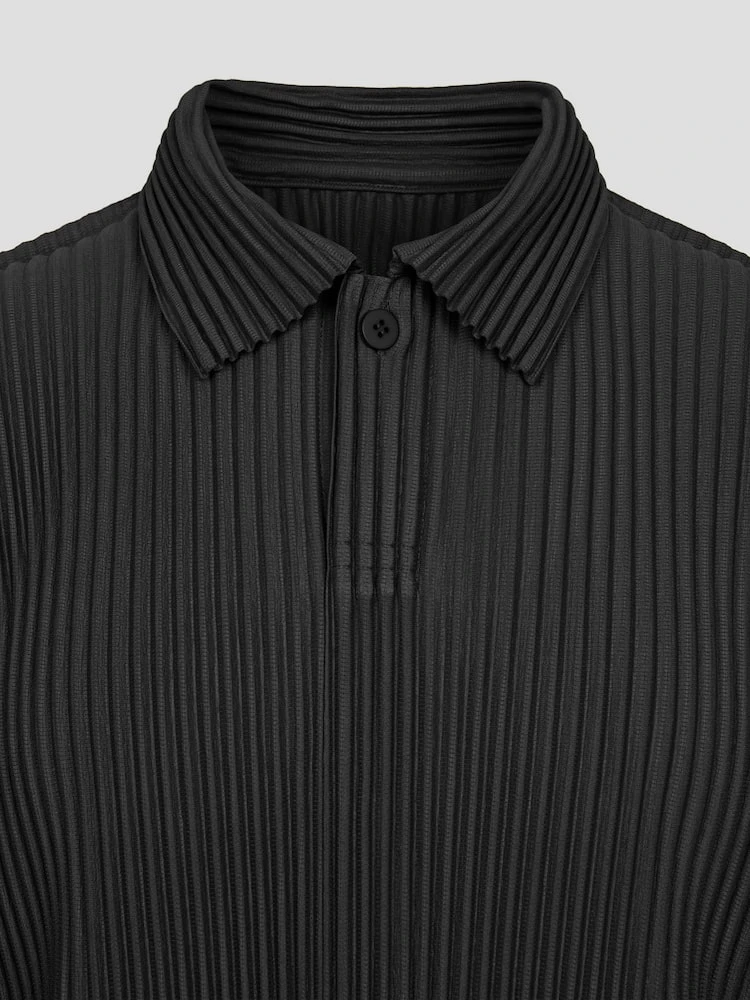 Miyake Plisse Lapel Top Polo T Shirt For Men Pleated Long Sleeve Polo Shirt Loose Retro Fashion Streetwear