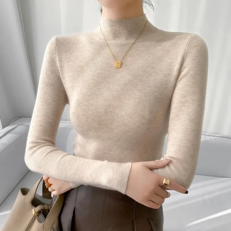 

Поп-осенне-зимний женский свитер, винтажные базовые однотонные вязаные топы, повседневный тонкий пуловер, корейские свитера, простые шикарные джемперы