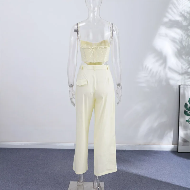 Korsett-Tops und Plissierte Hosen Sets für Damen, Sexy Spaghetti-Träger, Schulterfreies Ärmelloses Top mit Unregelmäßigem Saum und Weiter Hose, Neu – Detail 2
