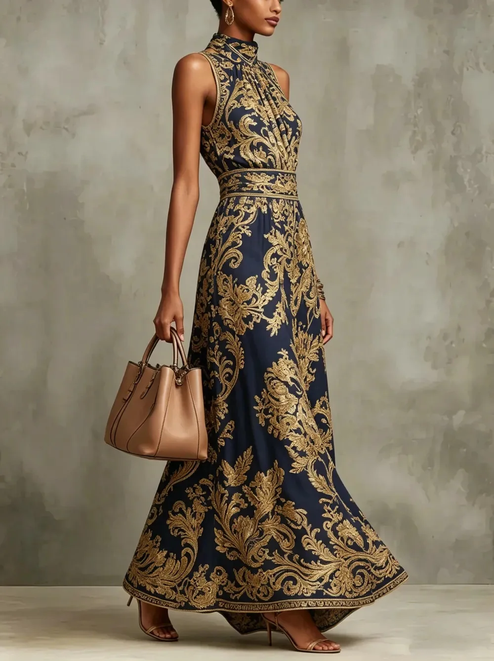 Baroque Print Halter Neck Maxi Dress Sleeveless High Waist A-Line Formal Evening Gown Elegant Vintage Party Dress for Women