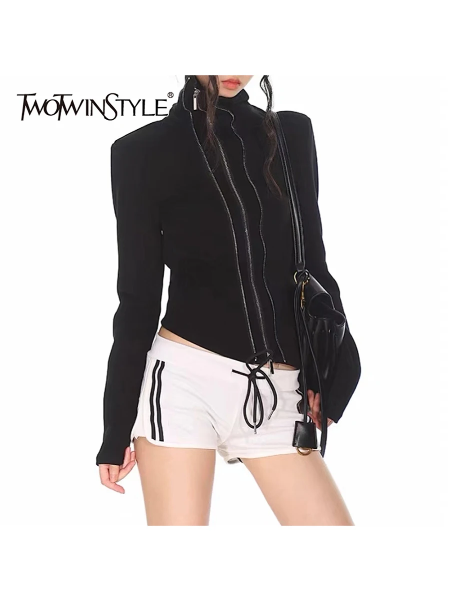 

TWOTWINSTYLE однотонные утягивающие модные футболки на молнии для женщин, темпераментная футболка с высоким воротом и длинными рукавами, женская одежда