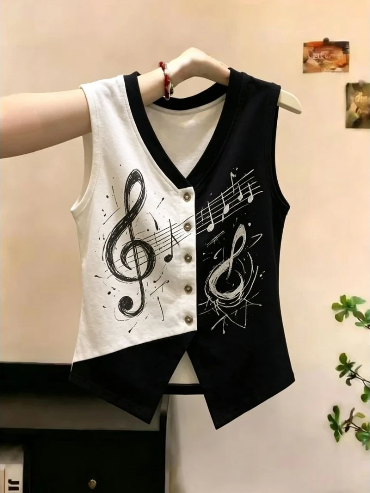 Women's Y2K Splicing Musical Note Tank Top Contrast Color Asymmetric Graphic Camisole Cotton Casual Sleeveless Summer Vest