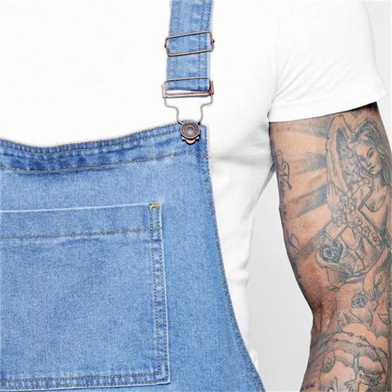 Men's Youth Cool Jumpsuit 2023 Summer Denim Shorts Splicing Pocket Suspender Pants Streetwear Casual Male Straight Trousers New