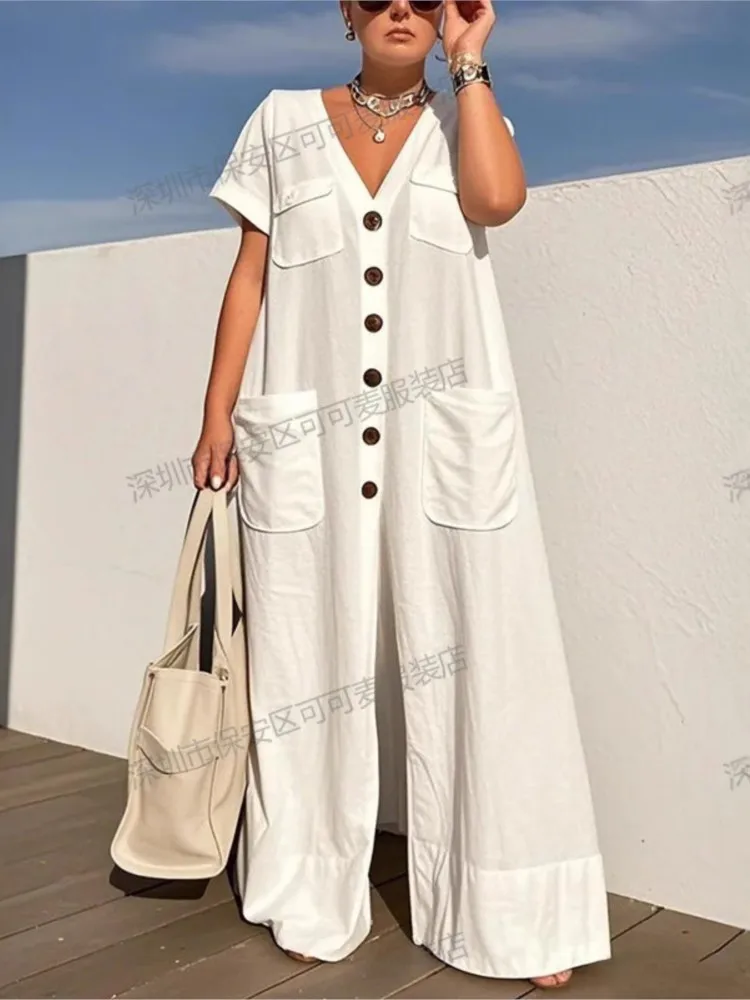 

Fashion Solid Loose Jumpsuit For Women Casual Short Sleeve V Neck Button Wide Leg Pants Jumpsuits Lady Holiday Womens Clothing