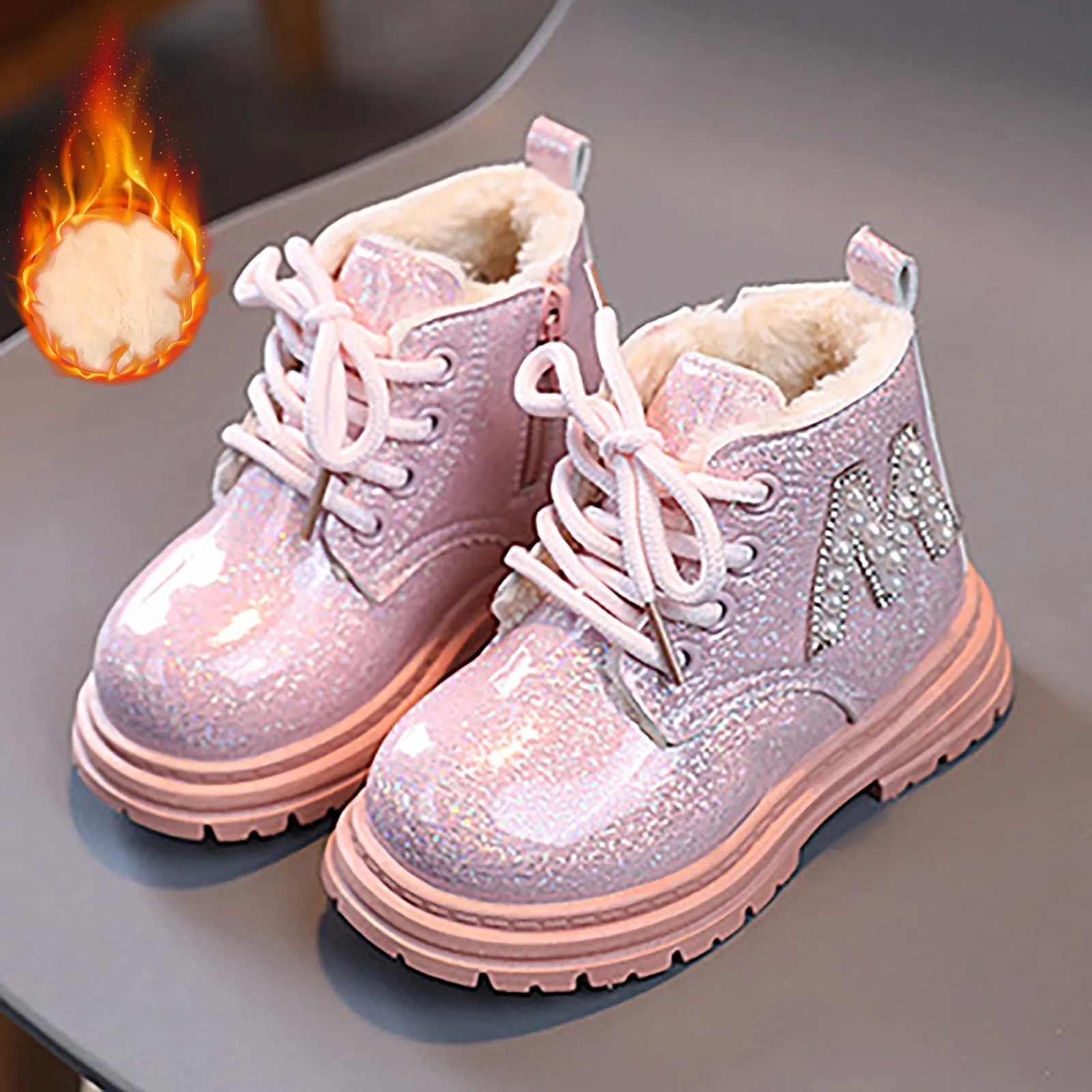 

Kids Fashion Rubber Ankle Boots Cool Autumn Winter Cotton Soft Sole Glitter leather M Pearl Style Zipper Girls' Fashion Shoes