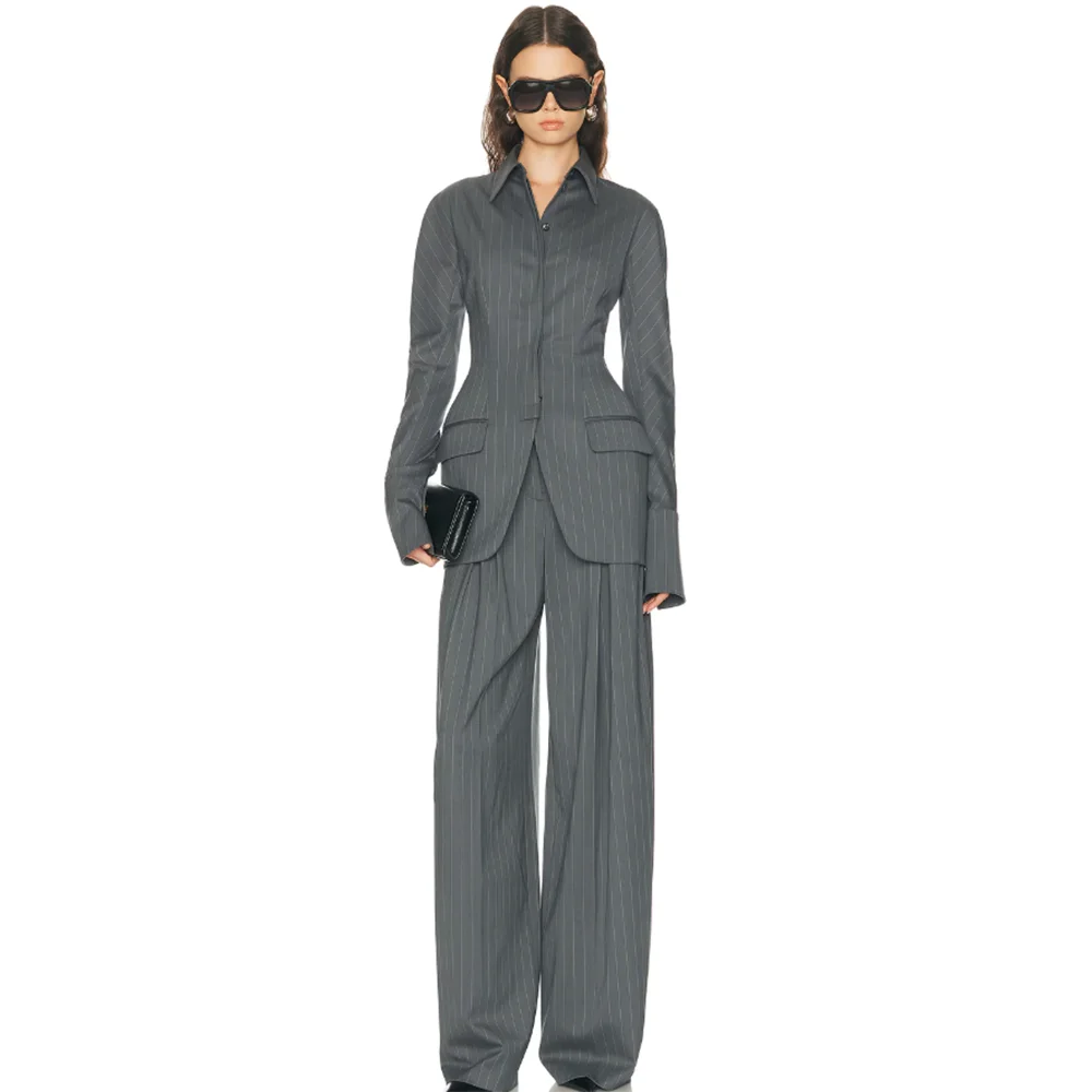 Chic Grey Pinstripe Women's Blazers and Suit Sets Tailored Slim Fit 2 Piece Set Jacket Wide Leg Pants Formal Office Lady Outfit