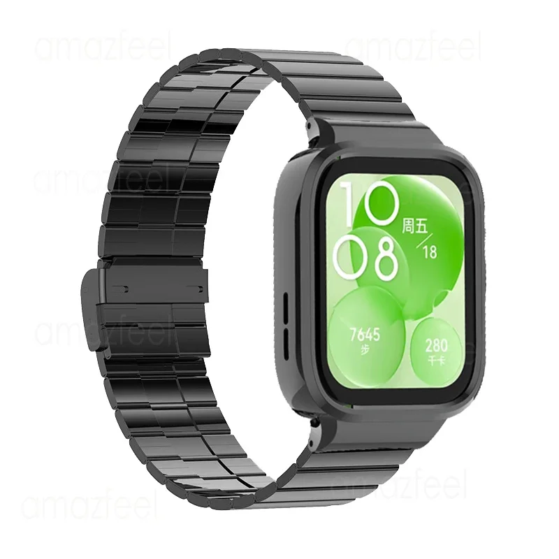Pulseira de relógio de aço inoxidável, banda e estojo para Huawei Watch Fit3, pulseira de metal, capa protetora, pára-choques