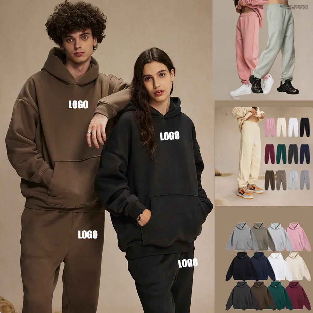 

Custom LOGO 2024 new product fleece 400g cotton polyester hooded sweater pants men women without falling fleece thickened set