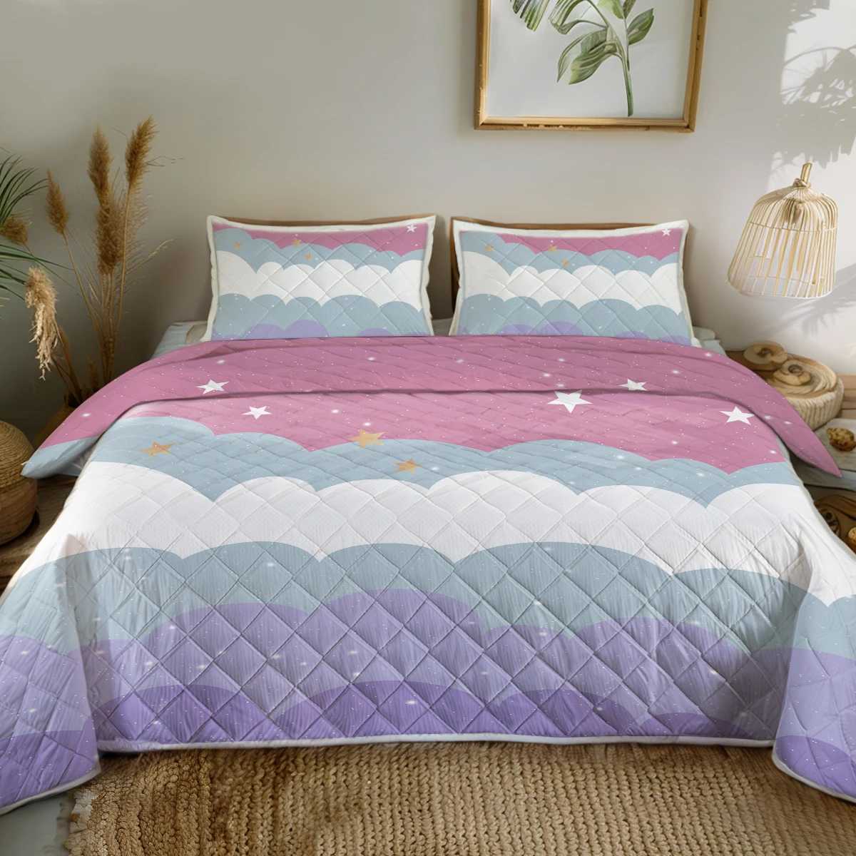 

Purple Blue Pink Waves Stars Printed Quilt Set Gold and White Star Pattern Comforter With 2 Pilowcases For Girl Bedroom Decor