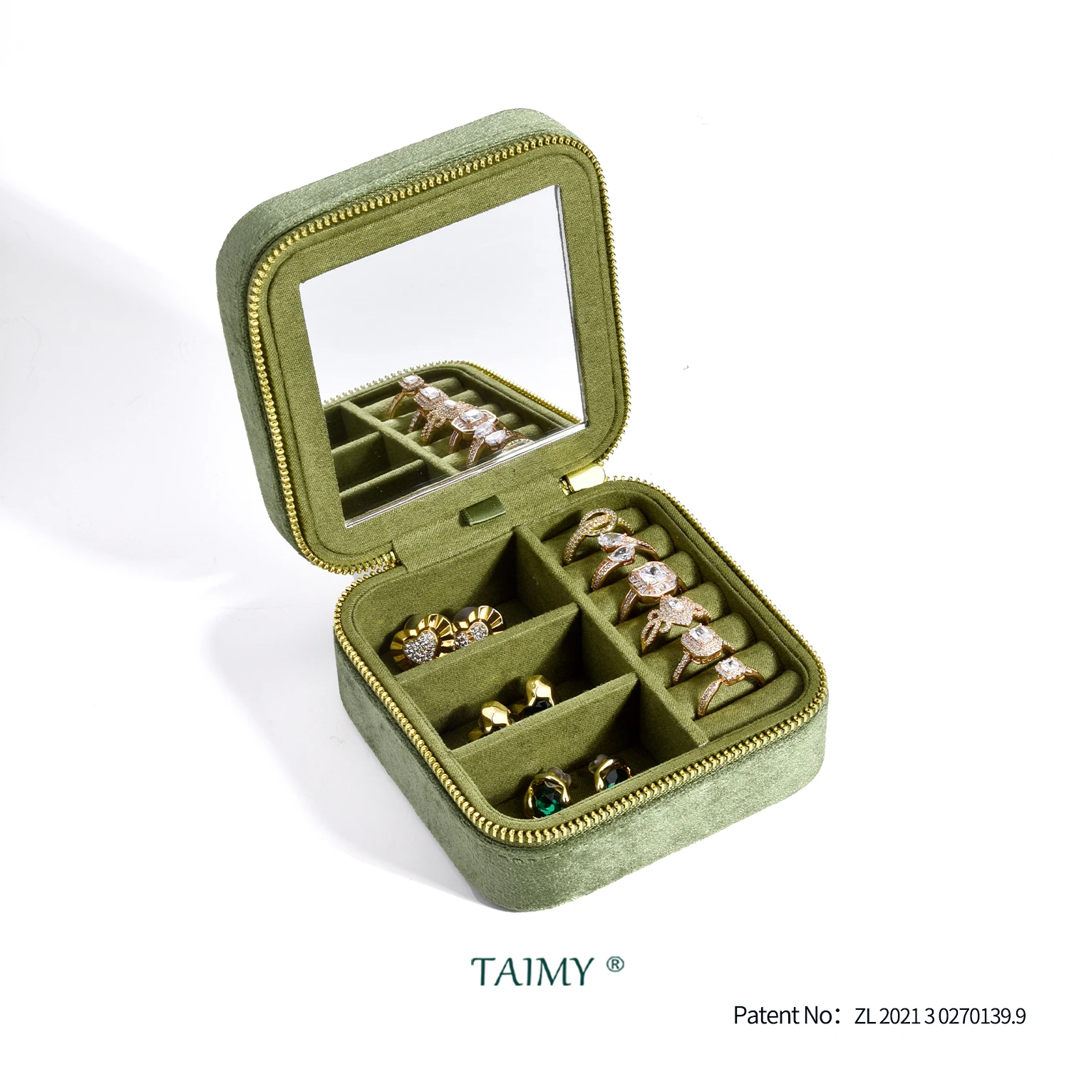 Vintage Velvet Travel Jewelry Storage Ring Box Flip with Mirror Organizer Support Logo Custom Retro Green Jewelry Box