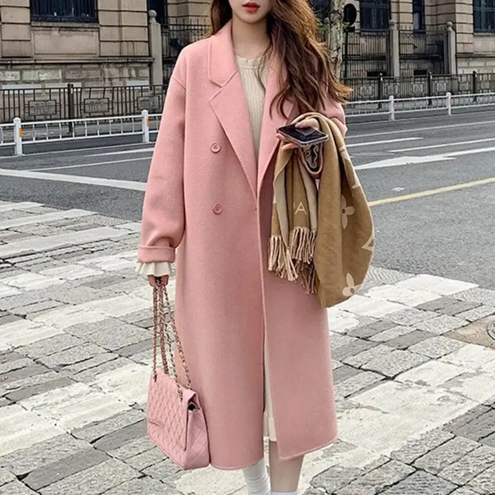 Ladies\' Mid-length Coat with Side Pockets Stylish Women\'s Double-breasted Winter Coat with Lapel Pockets for Warmth for Autumn