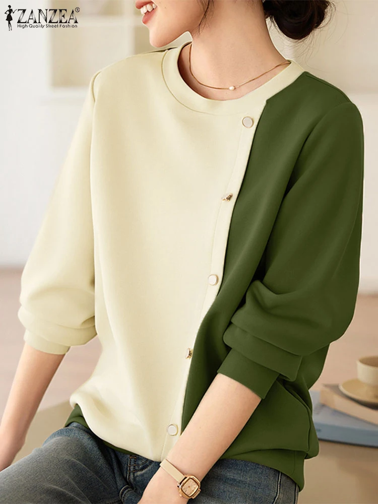 Fashion Casual Long Sleeve Sweatshirts ZANZEA Autumn Women Hoodies O Neck Contrast Color Sweatshirts Female OL Work Pullovers