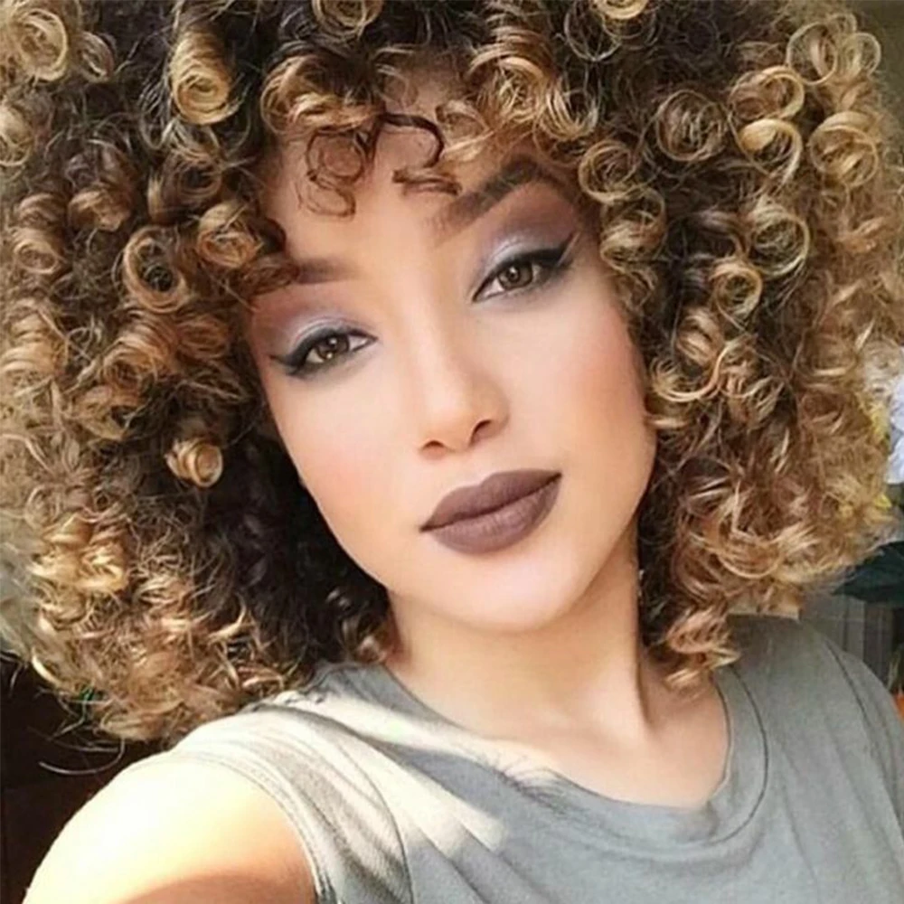 Perucas Curtas Afro Curly com Franja para Mulheres Negras, Resistente ao Calor, Peruca de Fibra Sintética, Castanho Claro, Ombre Dourado, Bomba, Cosplay, Diário