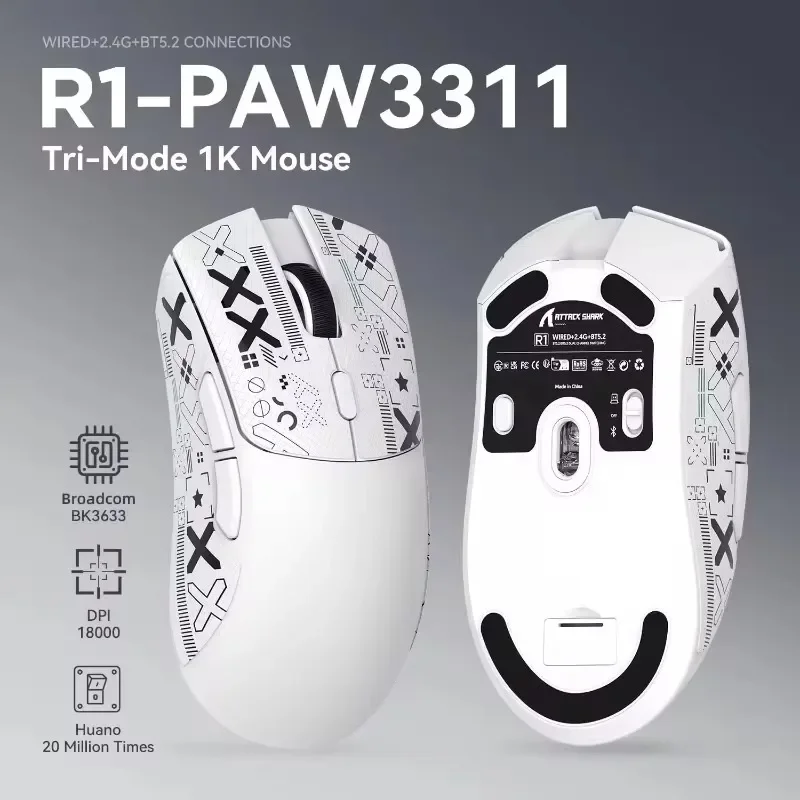 Attack Shark R1 2.4 Mouse Gaming ringan nirkabel PAW3311 Sensor optik 18K DPI Aksesori Mouse komputer